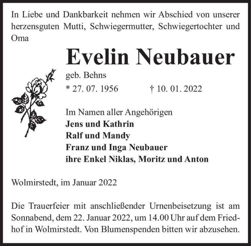  Traueranzeige für Evelin Neubauer (geb. Behns)  vom 15.01.2022 aus Magdeburger Volksstimme