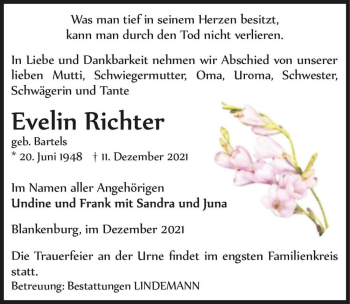 Traueranzeige von Evelin Richter (geb. Bartels)  von Magdeburger Volksstimme