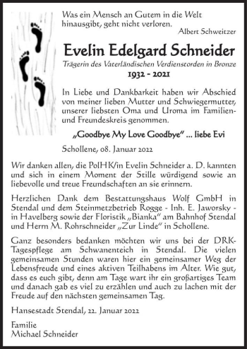 Traueranzeige von Evelin Schneider  von Magdeburger Volksstimme