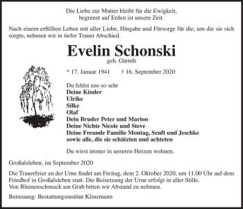 Traueranzeige von Evelin Schonski (geb. Gürnth)  von Magdeburger Volksstimme
