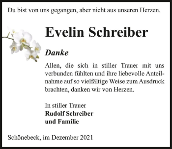 Traueranzeige von Evelin Schreiber  von Magdeburger Volksstimme