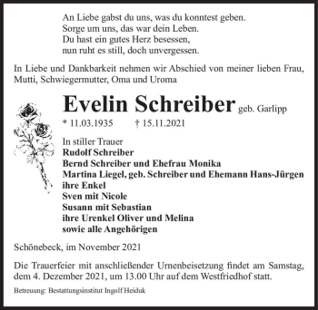 Traueranzeige von Evelin Schreiber (geb. Garlipp)  von Magdeburger Volksstimme