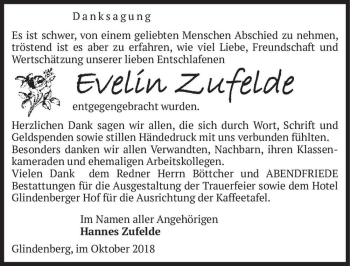 Traueranzeige von Evelin Zufelde  von Magdeburger Volksstimme