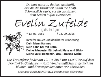 Traueranzeige von Evelin Zufelde (geb. Dräger)  von Magdeburger Volksstimme