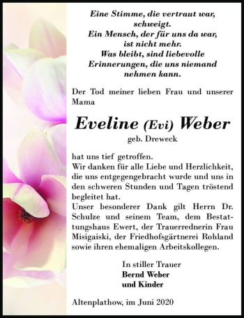 Traueranzeige von Eveline (Evi) Weber (geb. Dreweck)  von Magdeburger Volksstimme