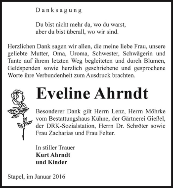Traueranzeige von Eveline Ahrndt  von Magdeburger Volksstimme