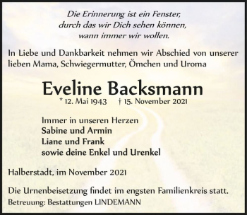 Traueranzeige von Eveline Backsmann  von Magdeburger Volksstimme