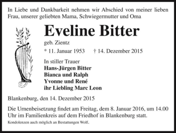 Traueranzeige von Eveline Bitter (geb. Zientz)  von Magdeburger Volksstimme