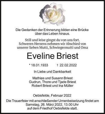 Traueranzeige von Eveline Briest  von Magdeburger Volksstimme