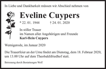 Traueranzeige von Eveline Cuypers  von Magdeburger Volksstimme