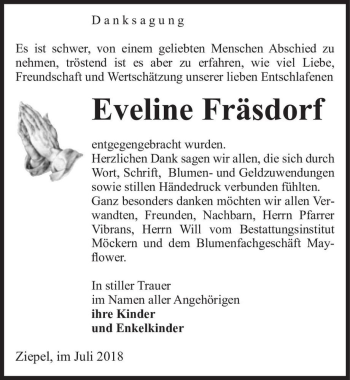 Traueranzeige von Eveline Fräsdorf  von Magdeburger Volksstimme