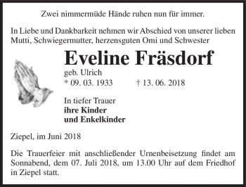 Traueranzeige von Eveline Fräsdorf (geb. Ulrich)  von Magdeburger Volksstimme