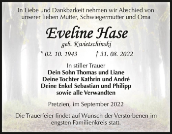Traueranzeige von Eveline Hase (geb. Kwietschinski)  von Magdeburger Volksstimme