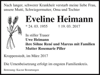 Traueranzeige von Eveline Heimann  von Magdeburger Volksstimme