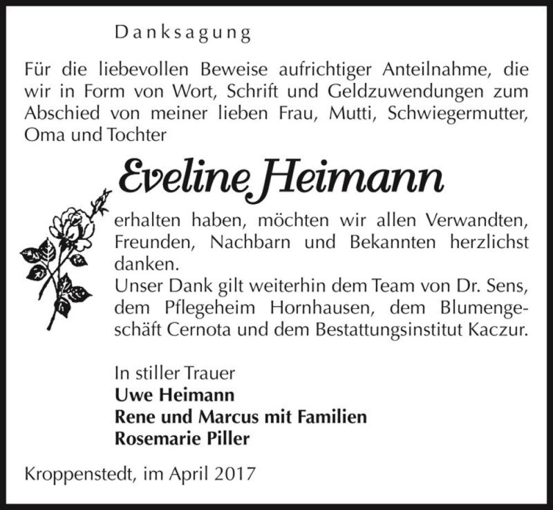  Traueranzeige für Eveline Heimann  vom 08.04.2017 aus Magdeburger Volksstimme