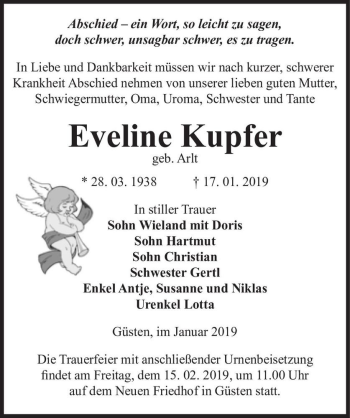 Traueranzeige von Eveline Kupfer (geb. Arlt)  von Magdeburger Volksstimme