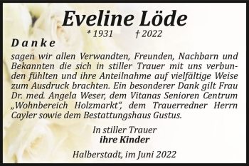 Traueranzeige von Eveline Löde  von Magdeburger Volksstimme
