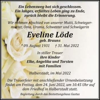 Traueranzeige von Eveline Löde (geb. Brauns)  von Magdeburger Volksstimme