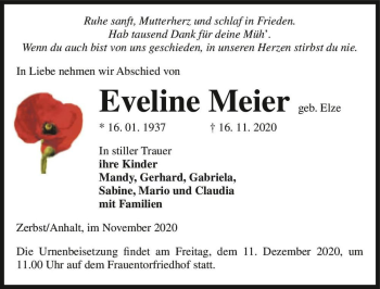 Traueranzeige von Eveline Meier (geb. Elze)  von Magdeburger Volksstimme