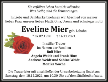 Traueranzeige von Eveline Mier (geb. Labahn)  von Magdeburger Volksstimme