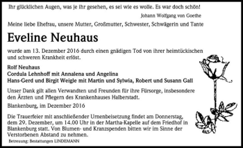 Traueranzeige von Eveline Neuhaus  von Magdeburger Volksstimme
