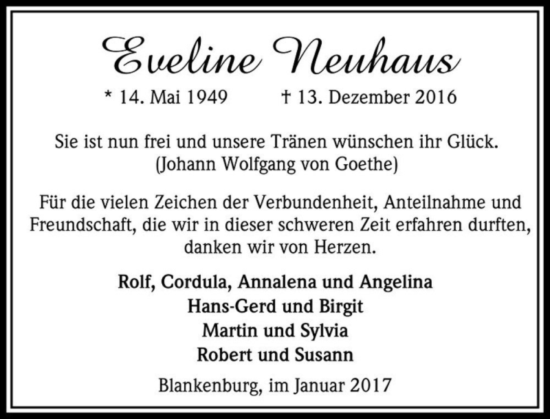  Traueranzeige für Eveline Neuhaus  vom 14.01.2017 aus Magdeburger Volksstimme