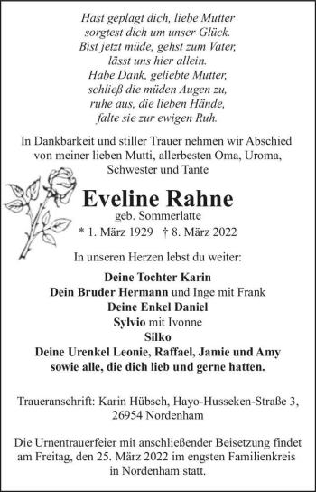 Traueranzeige von Eveline Rahne (geb. Sommerlatte)  von Magdeburger Volksstimme