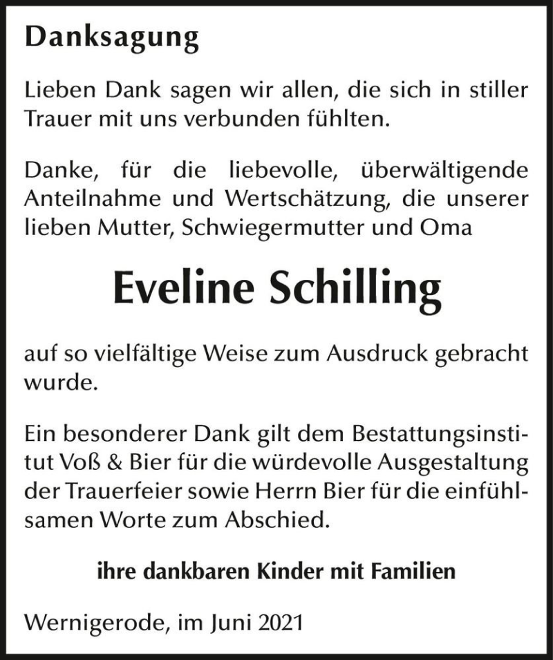  Traueranzeige für Eveline Schilling  vom 03.07.2021 aus Magdeburger Volksstimme