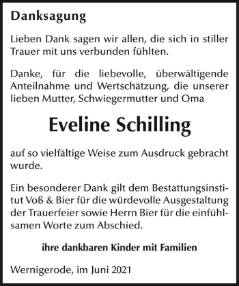 Traueranzeige von Eveline Schilling  von Magdeburger Volksstimme
