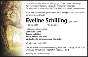 Traueranzeige von Eveline Schilling (geb. Kother)  von Magdeburger Volksstimme