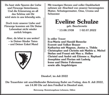 Traueranzeige von Eveline Schulze (geb. Bauchrowitz)  von Magdeburger Volksstimme
