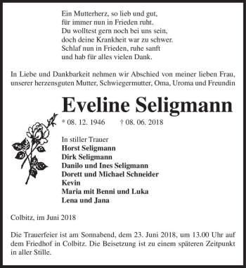 Traueranzeige von Eveline Seligmann  von Magdeburger Volksstimme