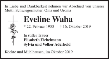 Traueranzeige von Eveline Waha  von Magdeburger Volksstimme