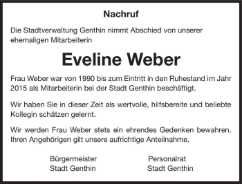 Traueranzeige von Eveline Weber  von Magdeburger Volksstimme