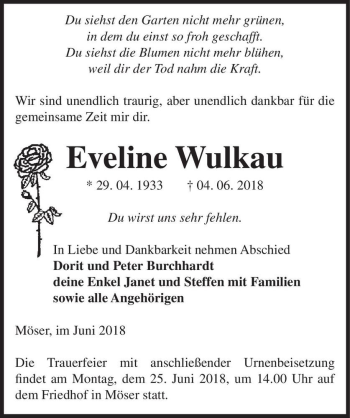 Traueranzeige von Eveline Wulkau  von Magdeburger Volksstimme