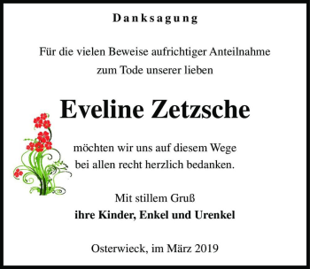 Traueranzeige von Eveline Zetsche  von Magdeburger Volksstimme