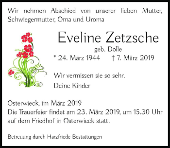 Traueranzeige von Eveline Zetzsche (geb. Dolle)  von Magdeburger Volksstimme