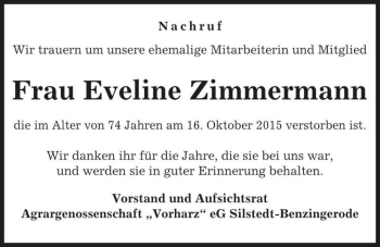 Traueranzeige von Eveline Zimmermann  von Magdeburger Volksstimme