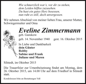 Traueranzeige von Eveline Zimmermann (geb. Ganskow)  von Magdeburger Volksstimme