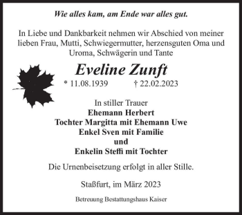 Traueranzeige von Eveline Zunft  von Magdeburger Volksstimme