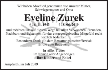 Traueranzeige von Eveline Zurek  von Magdeburger Volksstimme