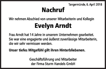Traueranzeige von Evelyn Arndt  von Magdeburger Volksstimme