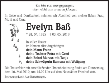 Traueranzeige von Evelyn Baß  von Magdeburger Volksstimme