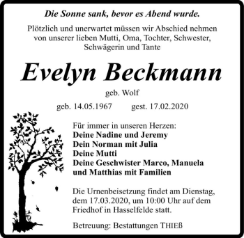 Traueranzeige von Evelyn Beckmann (geb. Wolf)  von Magdeburger Volksstimme