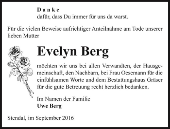 Traueranzeige von Evelyn Berg  von Magdeburger Volksstimme