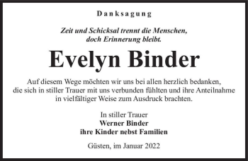 Traueranzeige von Evelyn Binder  von Magdeburger Volksstimme