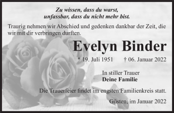 Traueranzeige von Evelyn Binder  von Magdeburger Volksstimme