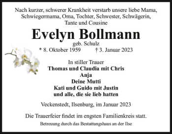 Traueranzeige von Evelyn Bollmann (geb. Schulz)  von Magdeburger Volksstimme