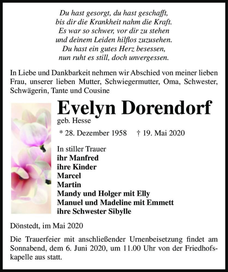  Traueranzeige für Evelyn Dorendorf (geb. Hesse)  vom 27.05.2020 aus Magdeburger Volksstimme