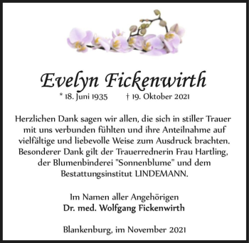 Traueranzeige von Evelyn Fickenwirth  von Magdeburger Volksstimme